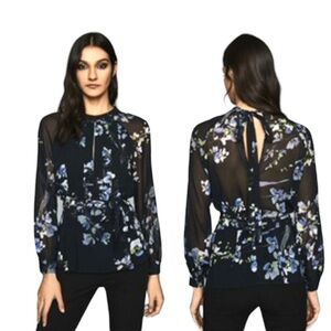 REISS Robbie Floral Printed Blouse Semi Sheer Pleated Keyhole Peplum Tie Flowy